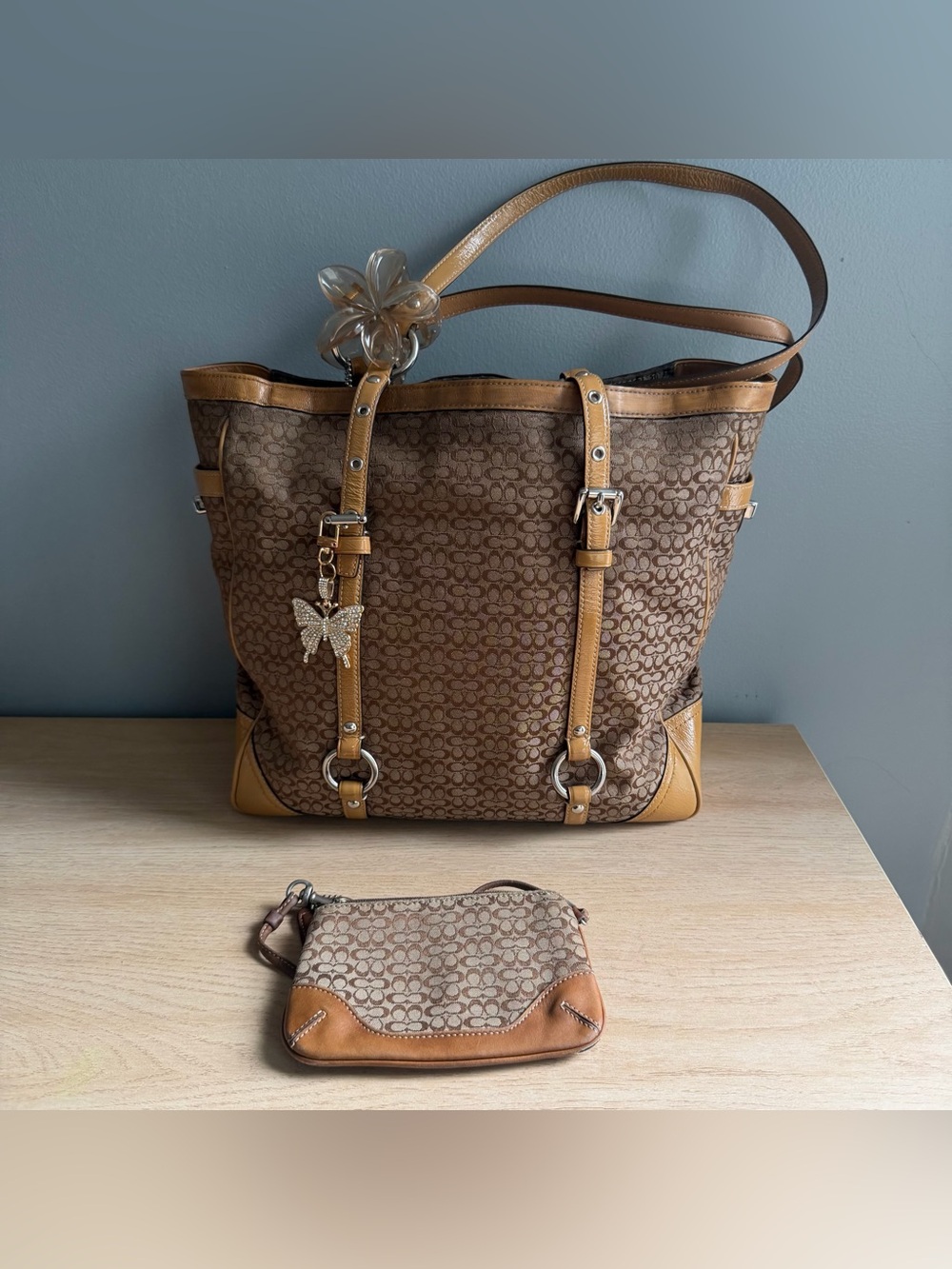 Coach Brown Signature Canvas Tote with Tan Leather Trim